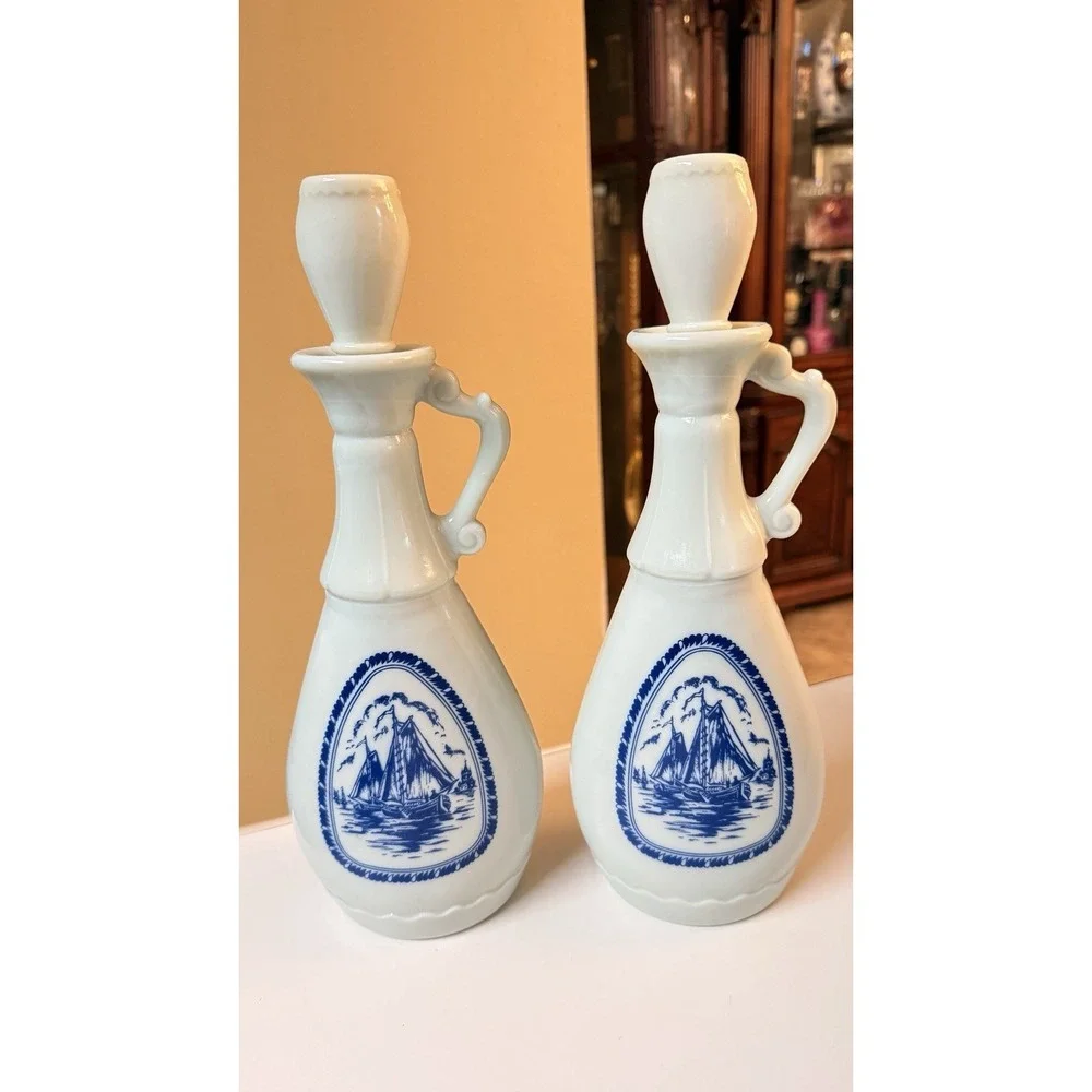 1963 Jim Beam Milk Glass Decanter Set Delft Blue‎ Sailing Ship Bottle Pair Vtg